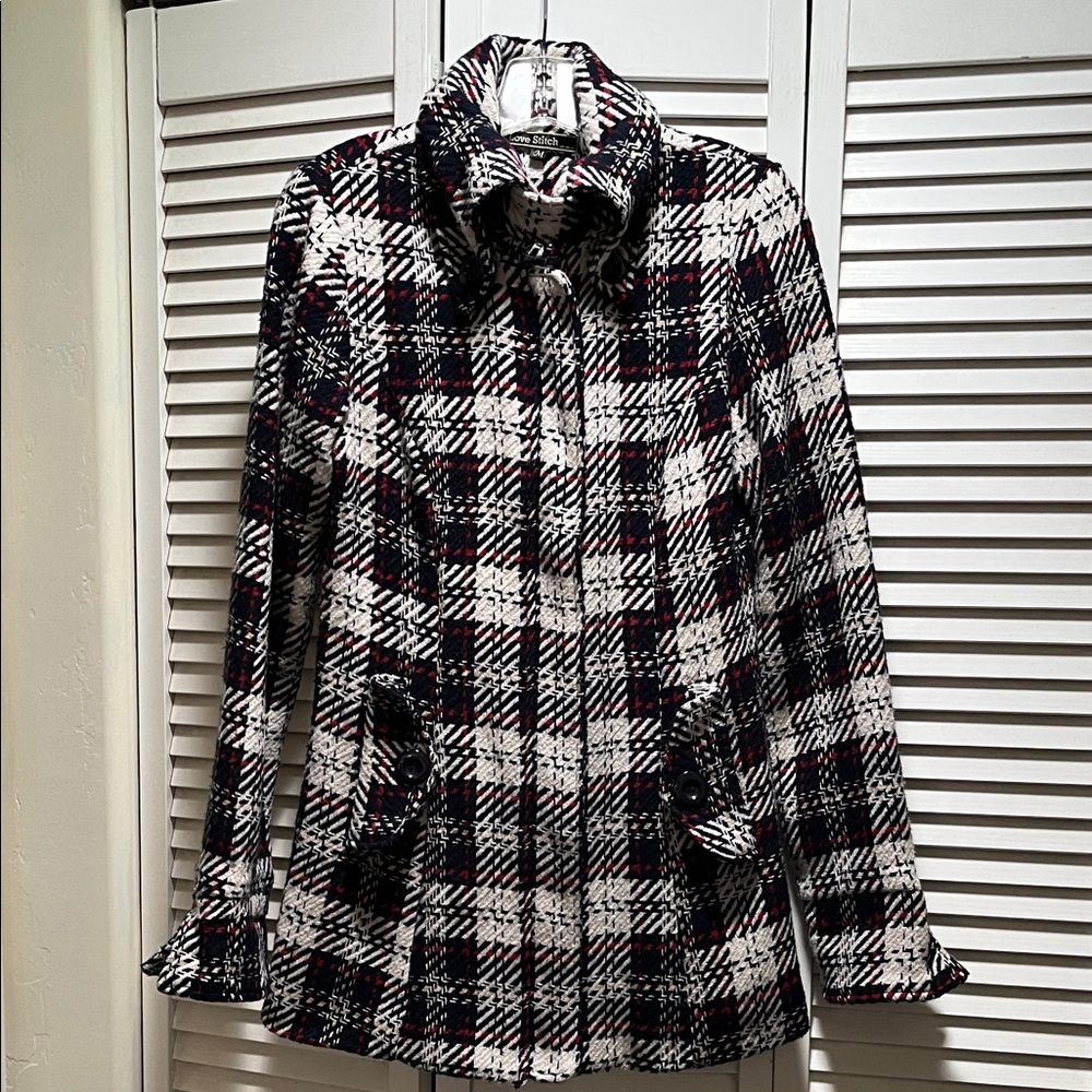 Plaid Women's Jacket - Blue, Cream and Red